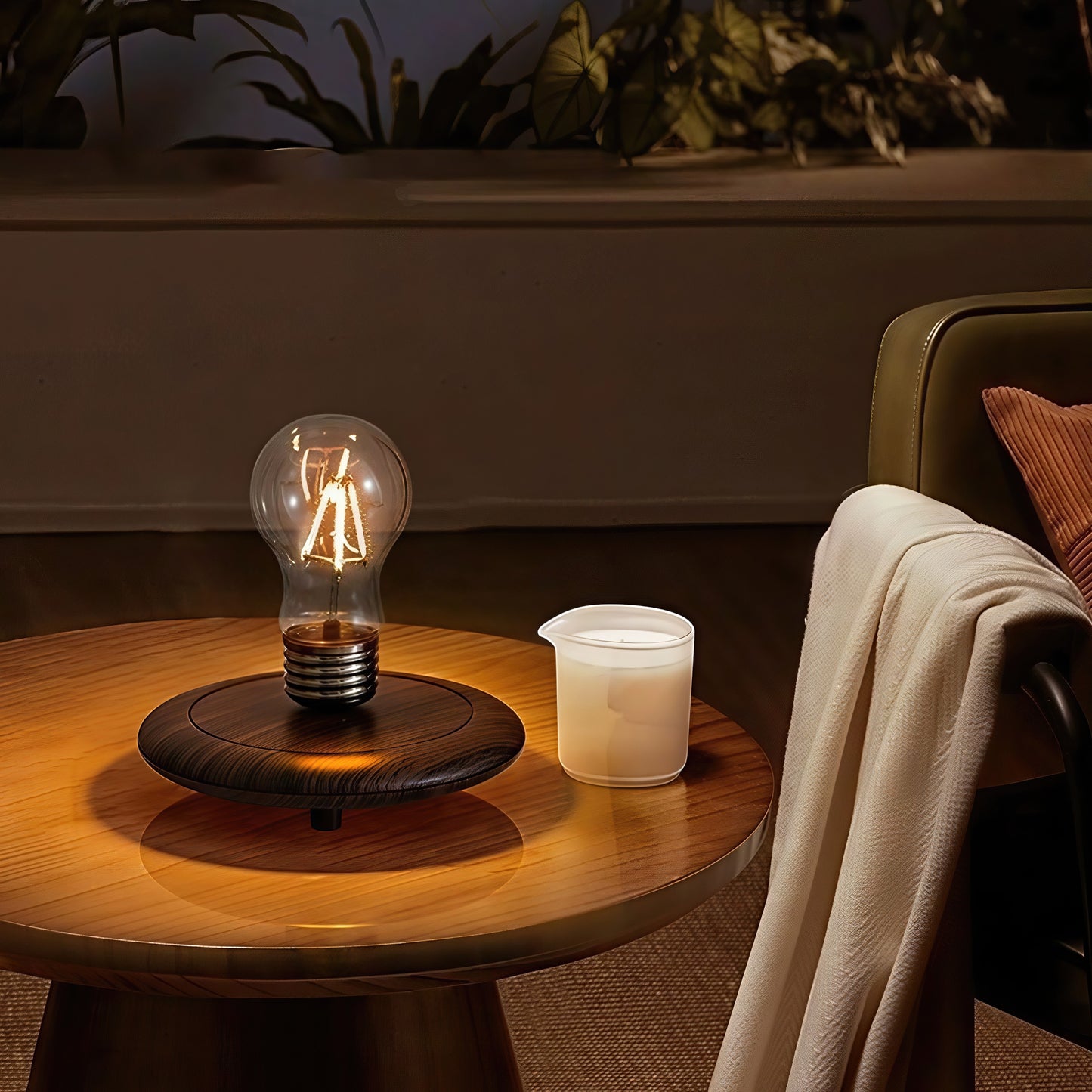 The Curious Mind High-Tech Suspended Floating Lights Desktop Ornament, a wood and glass desk accent with a glowing Edison bulb.