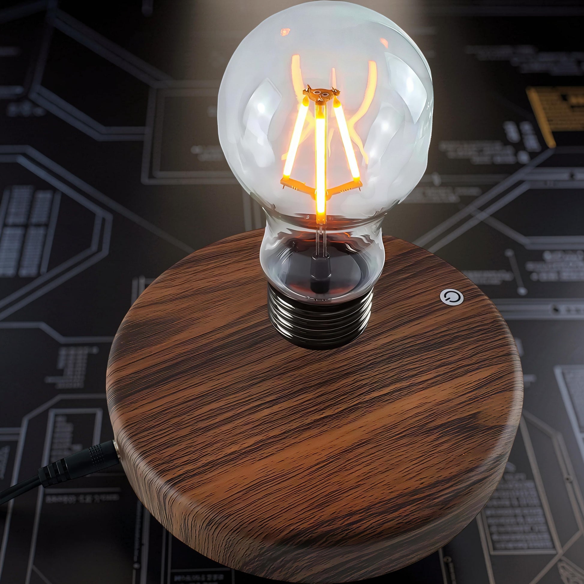 The Curious Mind high-tech floating light ornament with wood base and clear glass bulb.
