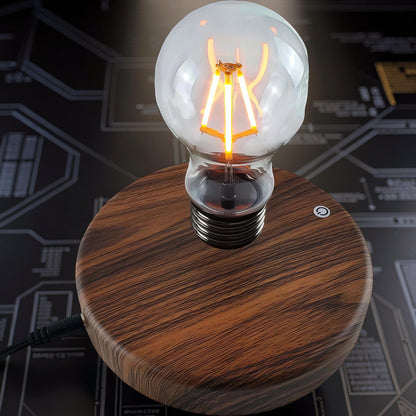 The Curious Mind high-tech floating light ornament with wood base and clear glass bulb.