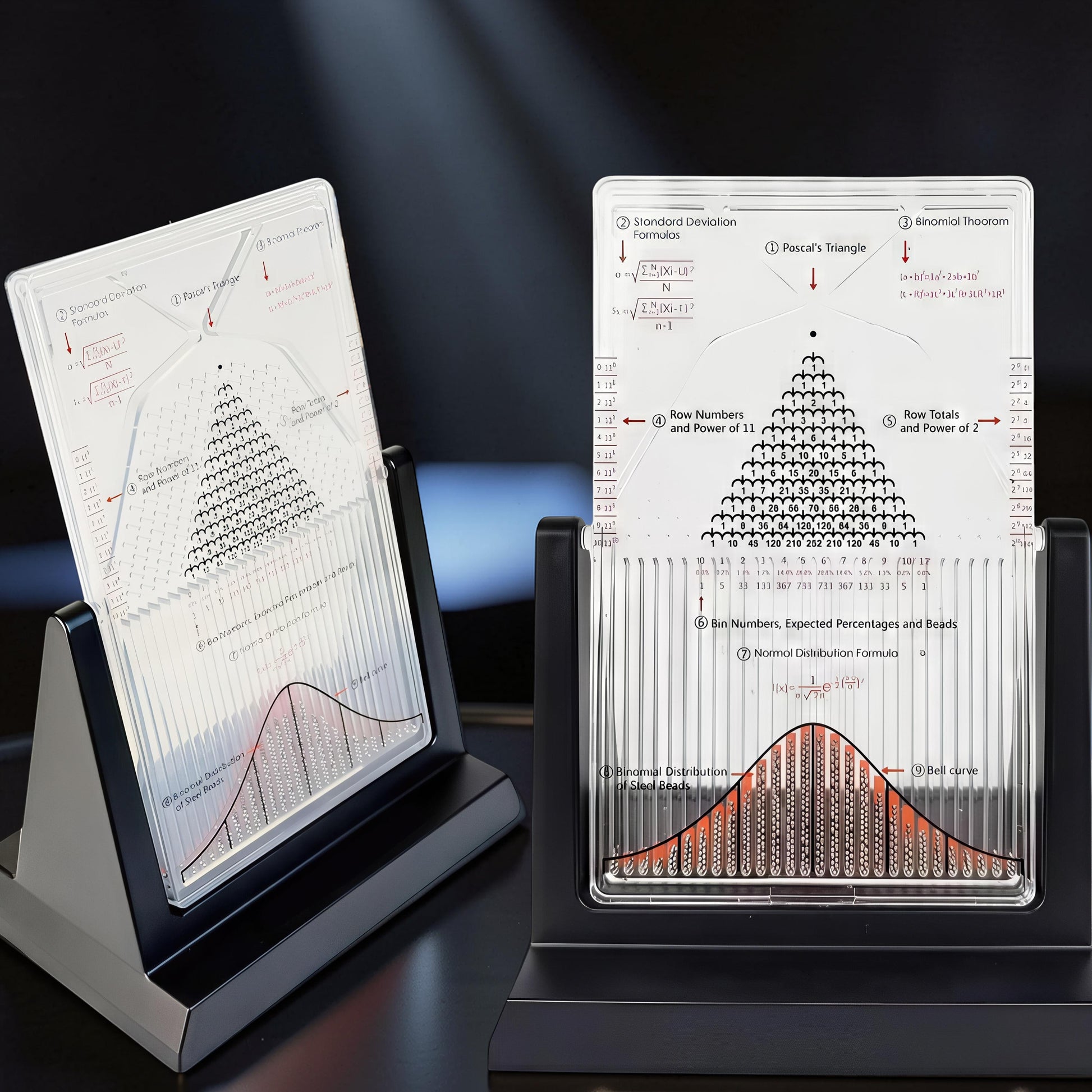 The Curious Mind Galton Board Distribution Model, a large acrylic and metal science display showing Pascal's Triangle and a bell curve.