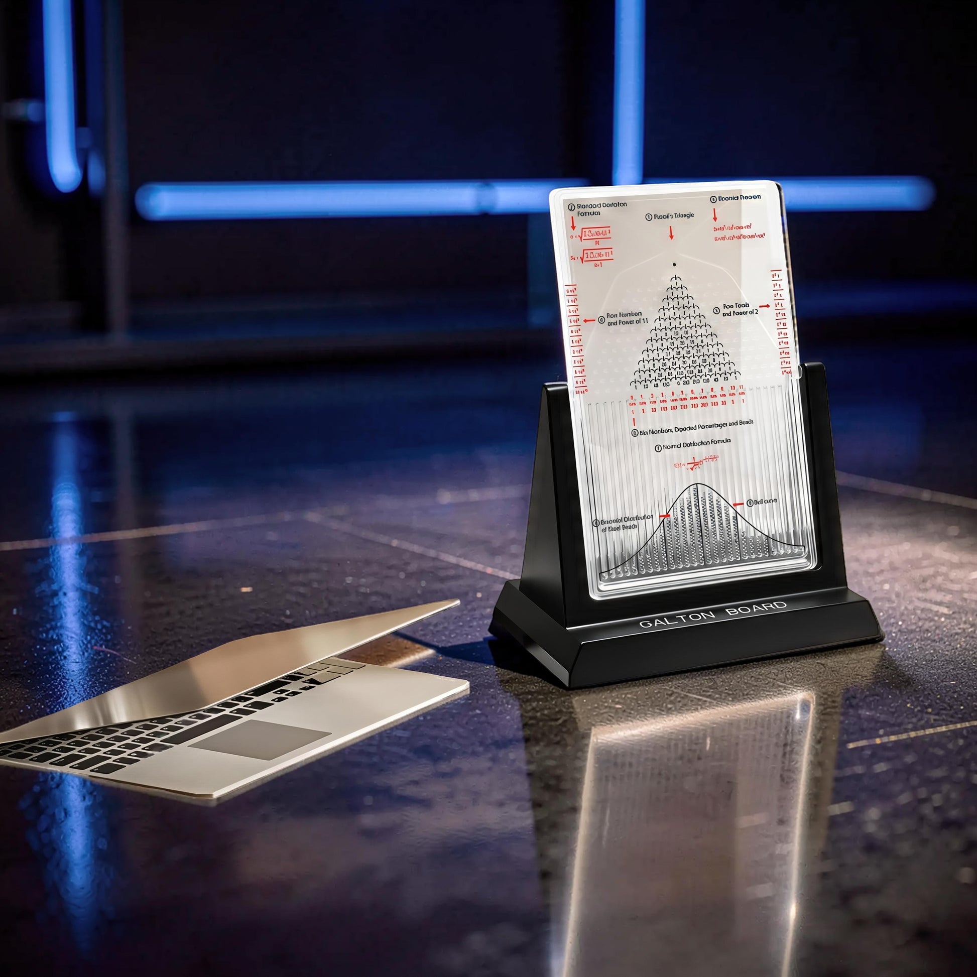 The Curious Mind Galton Board Distribution Model, a large acrylic and metal probability science display with a black base, showing a normal distribution curve.
