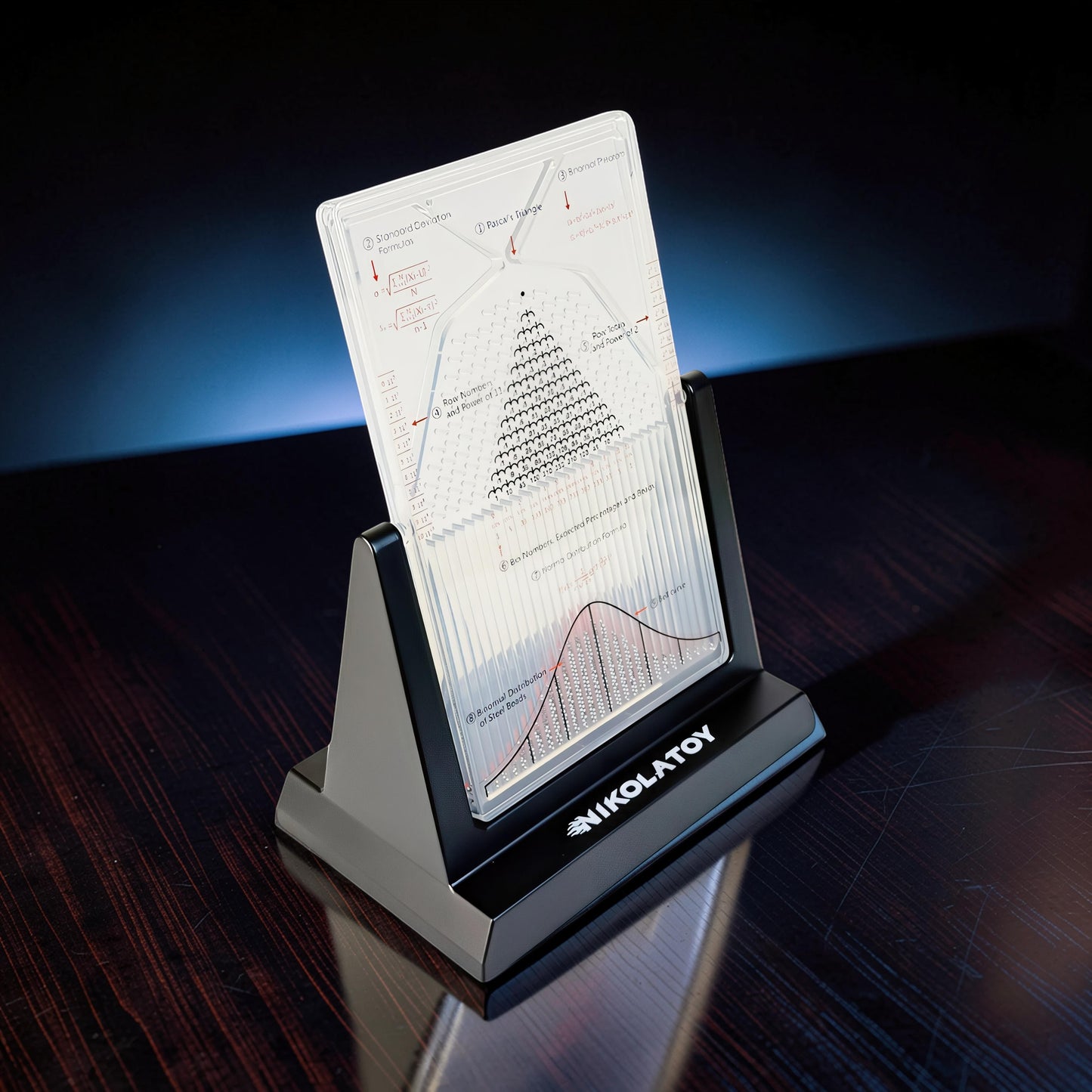 The Curious Mind Galton Board Distribution Model, a large acrylic and metal science display showing probability concepts and a bell curve.