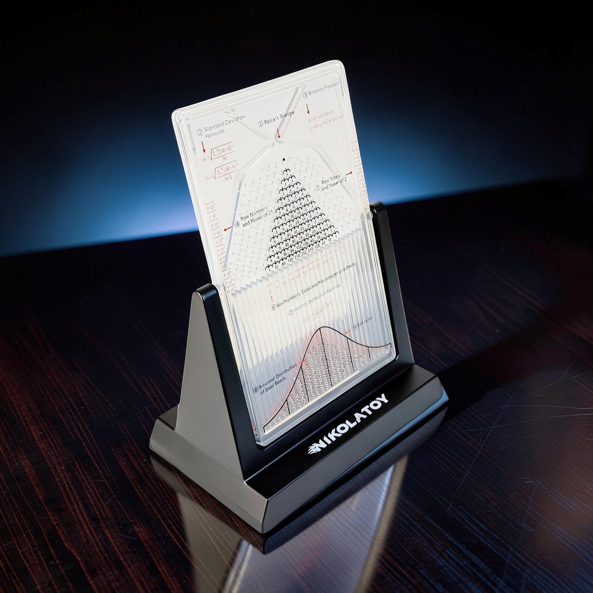 The Curious Mind Galton Board Distribution Model, a large acrylic and metal science display showing probability concepts and a bell curve.