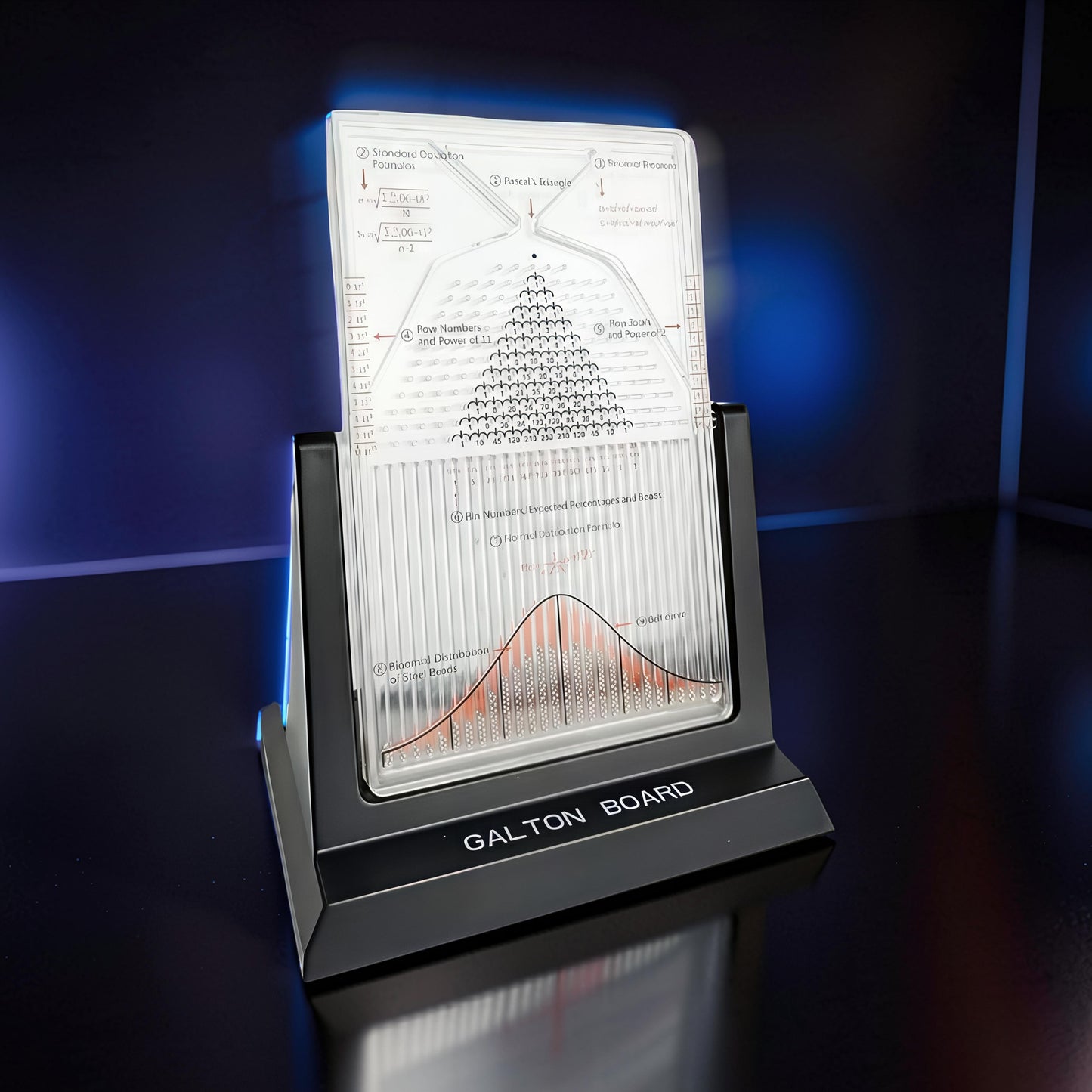 The Curious Mind Galton Board Distribution Model, a large acrylic and metal science display demonstrating probability concepts with Pascal's triangle and a bell curve.