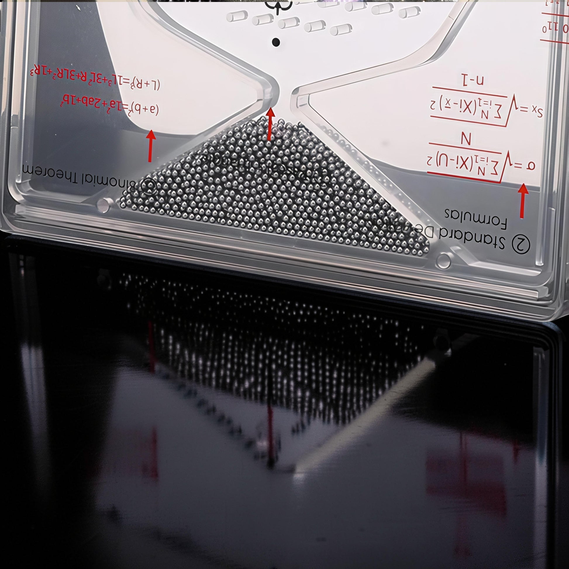 The Curious Mind Galton Board Distribution Model, a large acrylic and metal probability science display with small metal balls.