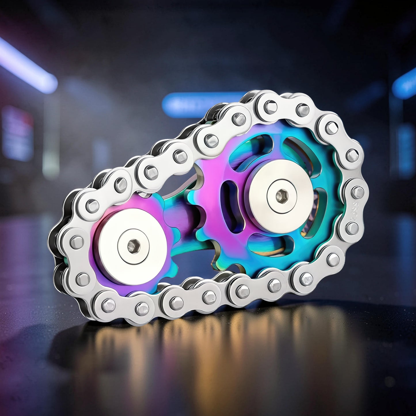 The Curious Mind Gear Chain Sprocket Spinner features a rainbow iridescent metal finish and silver chain. This fidget toy is designed for smooth rotation and focus.