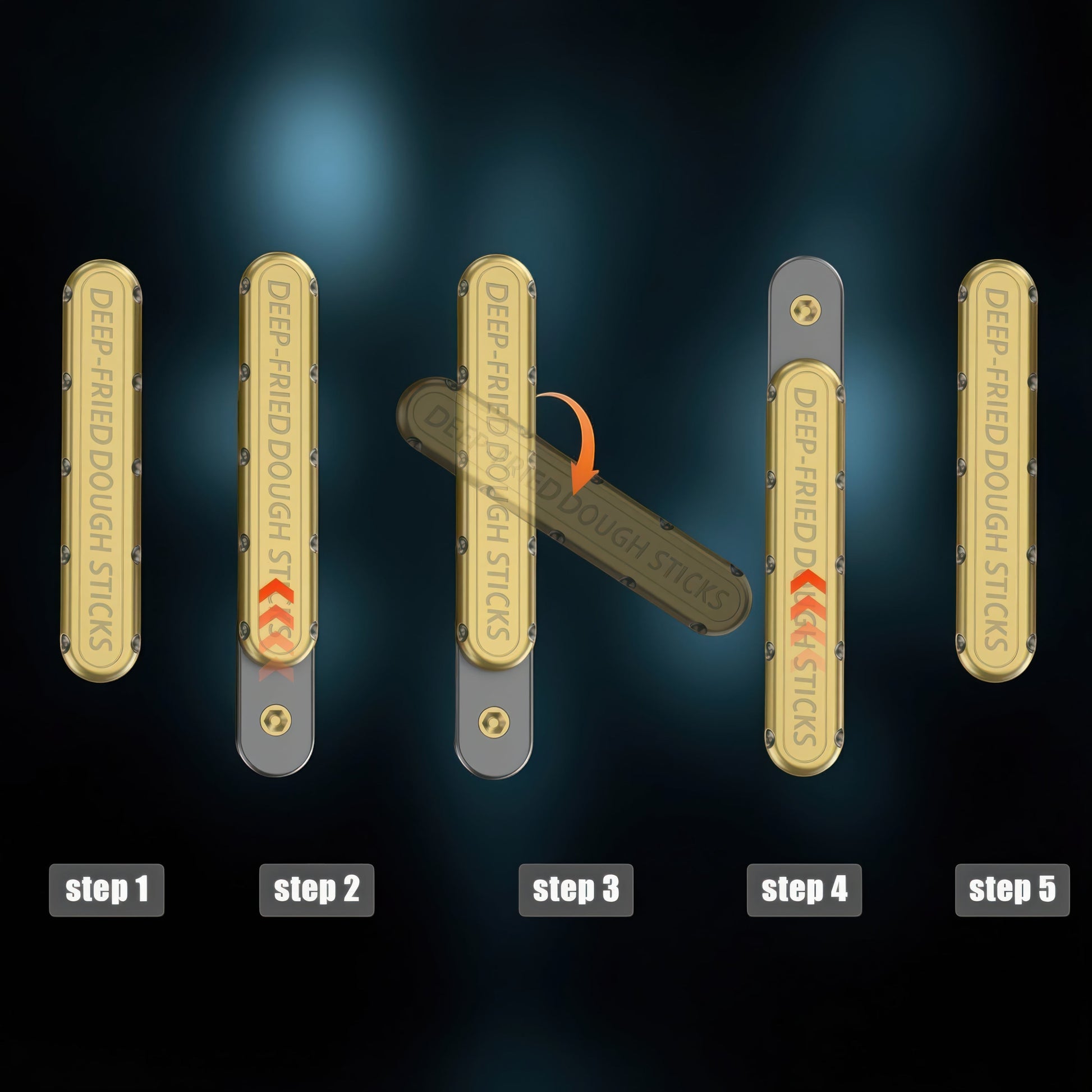 The Curious Mind Deep-Fried Dough Stick magnetic slider fidget toy, gold metal bar design, showing steps 1-5 of its sliding action.