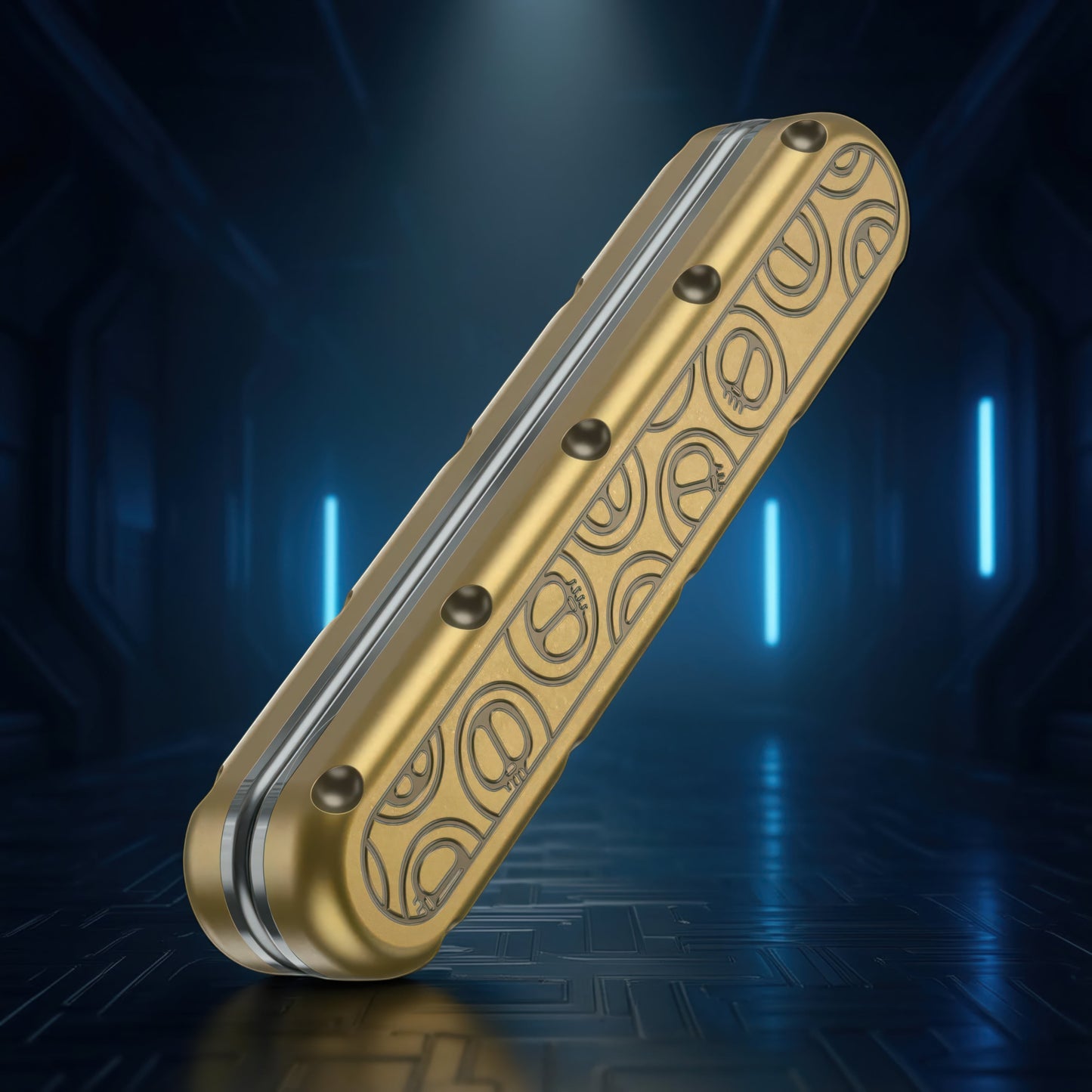 The Curious Mind Deep-Fried Dough Stick magnetic slider fidget toy in gold with a decorative pattern and tactile dots.