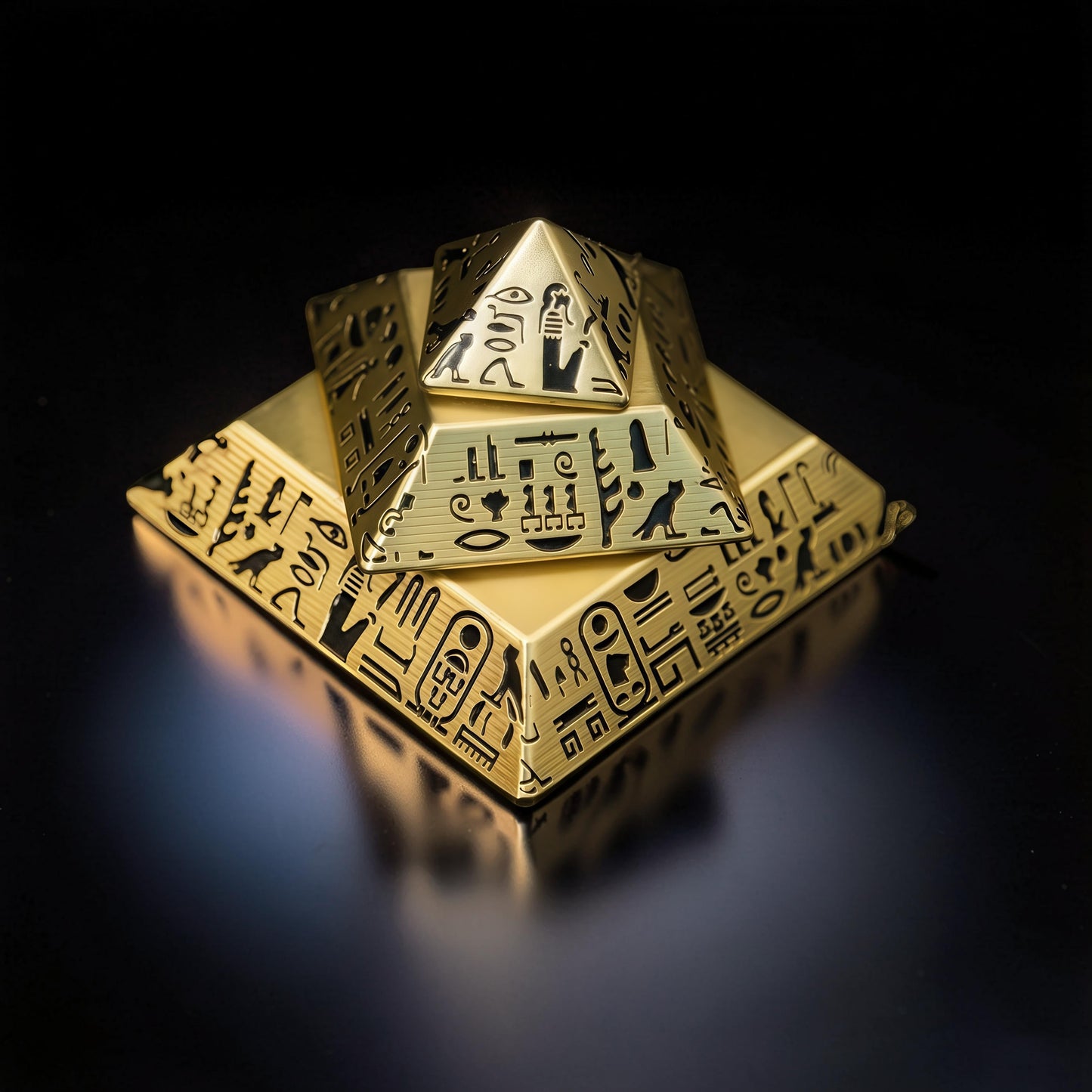 The Curious Mind gold pyramid desk spinner with Egyptian hieroglyphs. Metal construction, balanced for smooth rotation.
