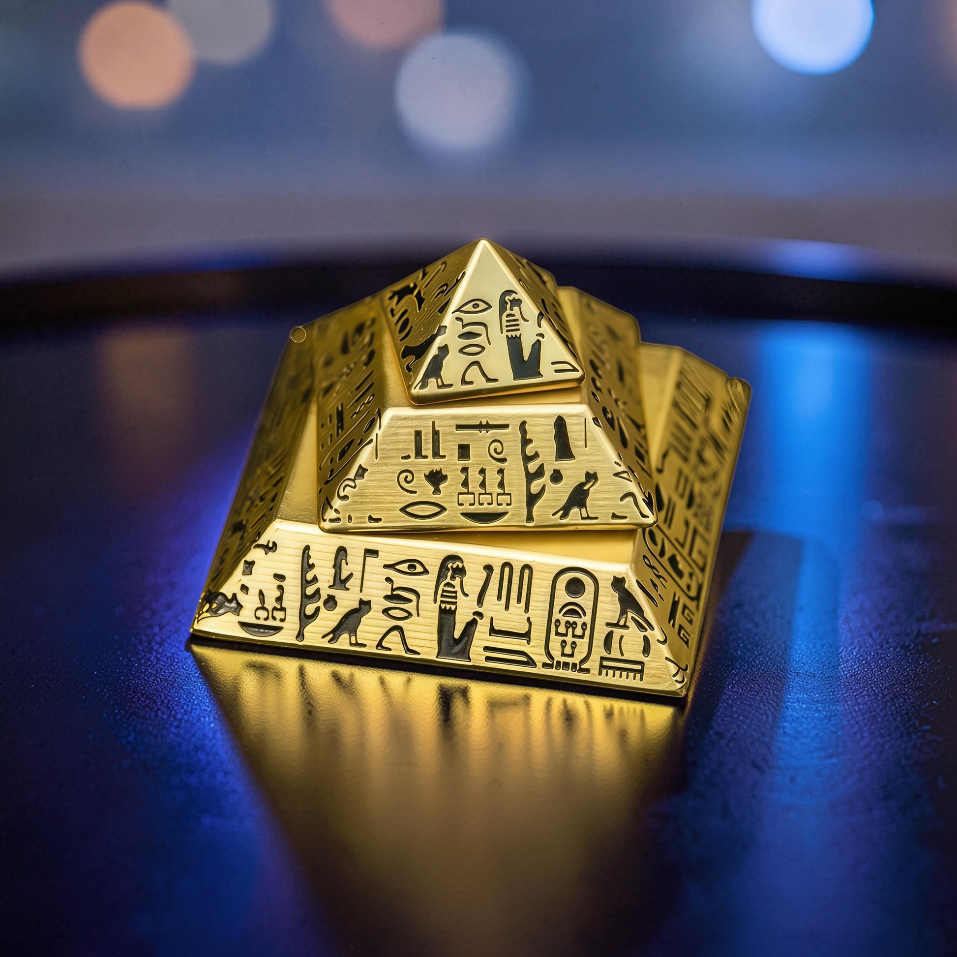 The Curious Mind gold pyramid desk spinner with Egyptian hieroglyphs. Metal construction, premium finish, collectible desk toy.