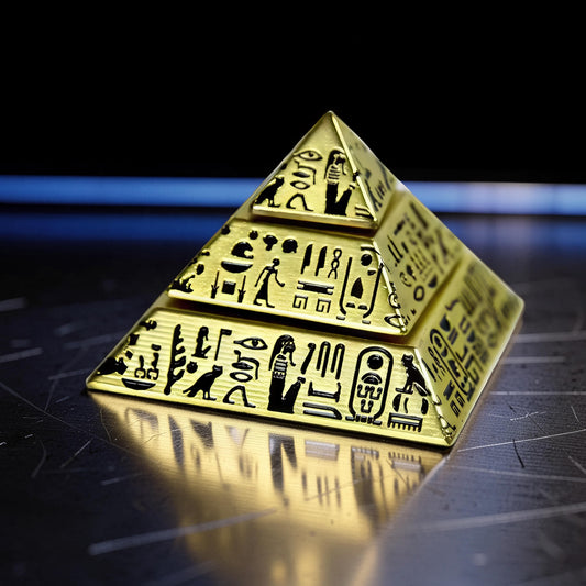 The Curious Mind gold pyramid desk spinner with Egyptian hieroglyphs, metal construction, balanced for smooth rotation.