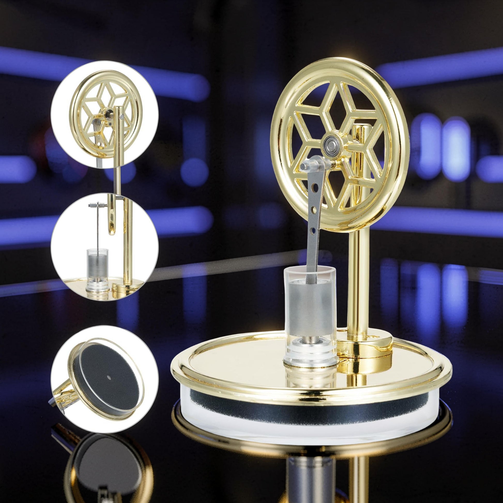 The Curious Mind gold metal Stirling engine display model with a decorative flywheel and clear cylinder.