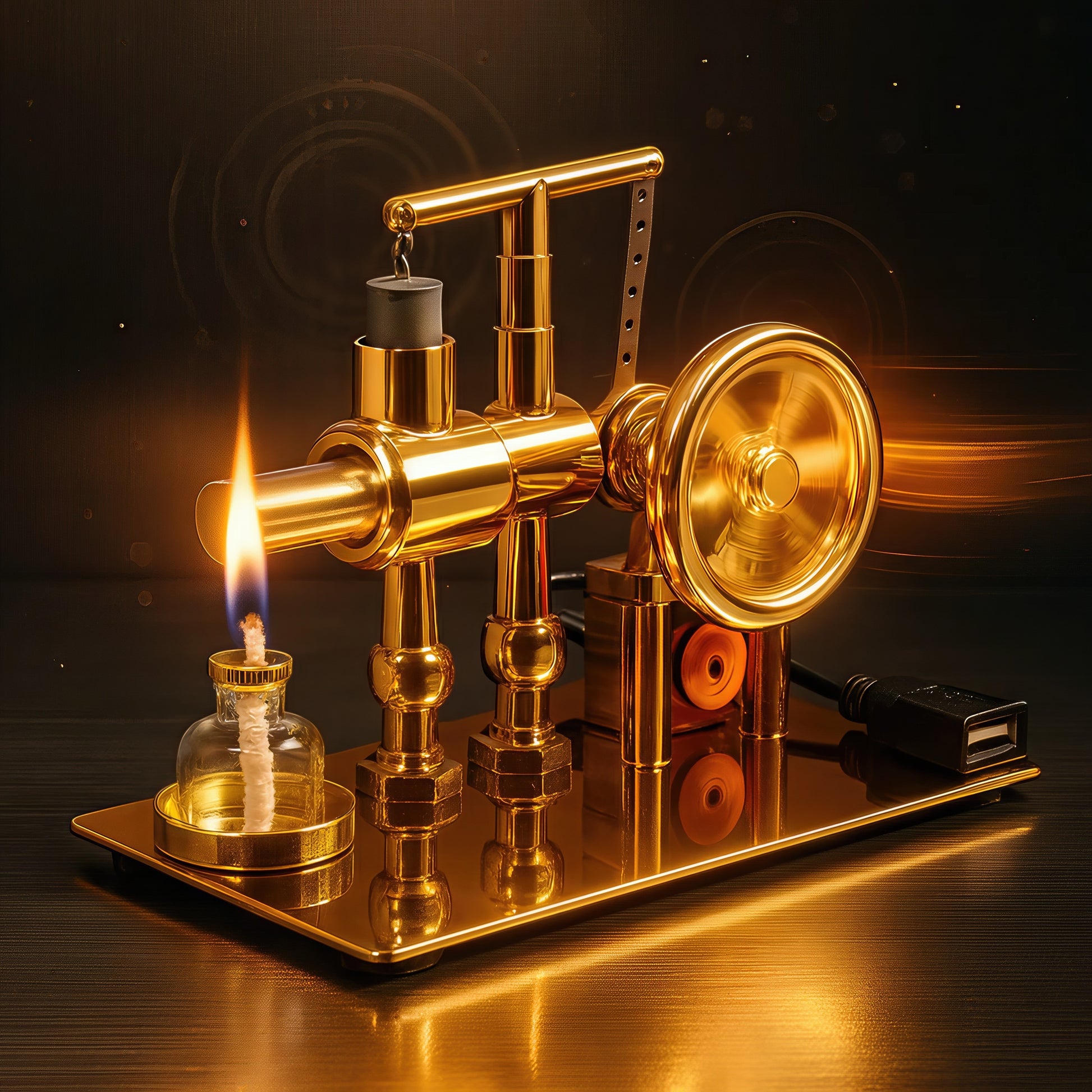The Curious Mind Stirling engine model, gold metal, with flame, power generation, and LED light. Desktop display.