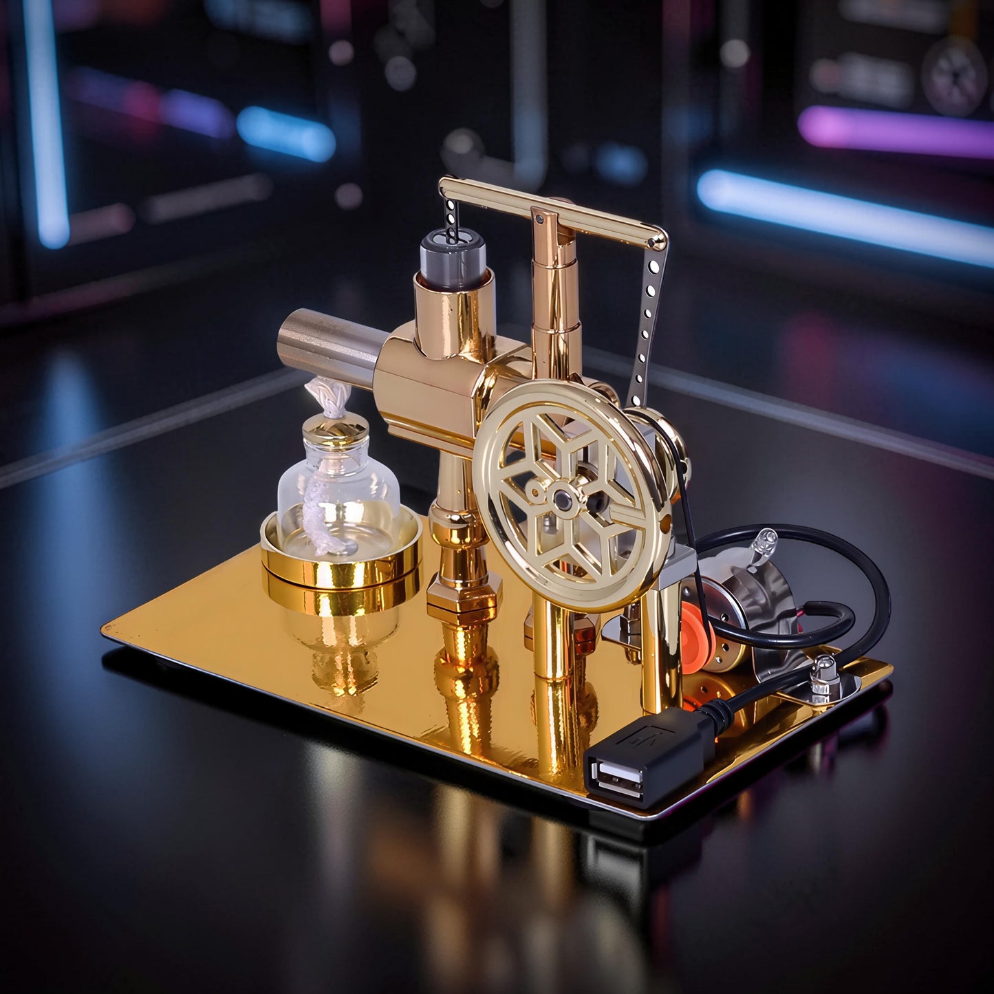 The Curious Mind Stirling Engine Model, a gold metal desktop display with power generation and LED light, featuring intricate mechanical parts.