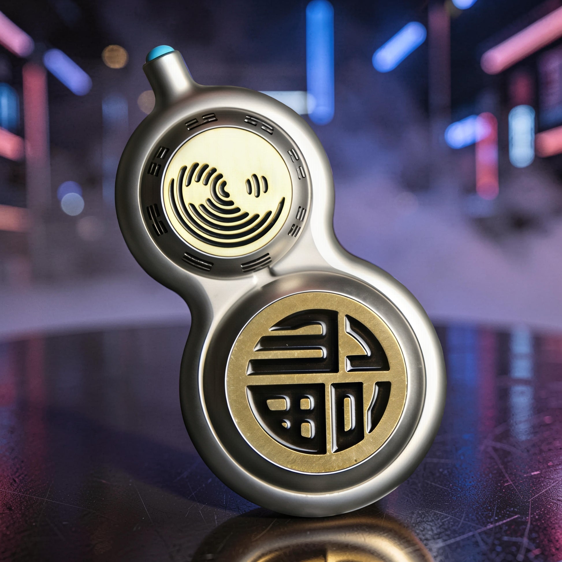 The Curious Mind Cucurbit Gourd Spinner, a premium metal EDC fidget toy with gold accents and a blue top.