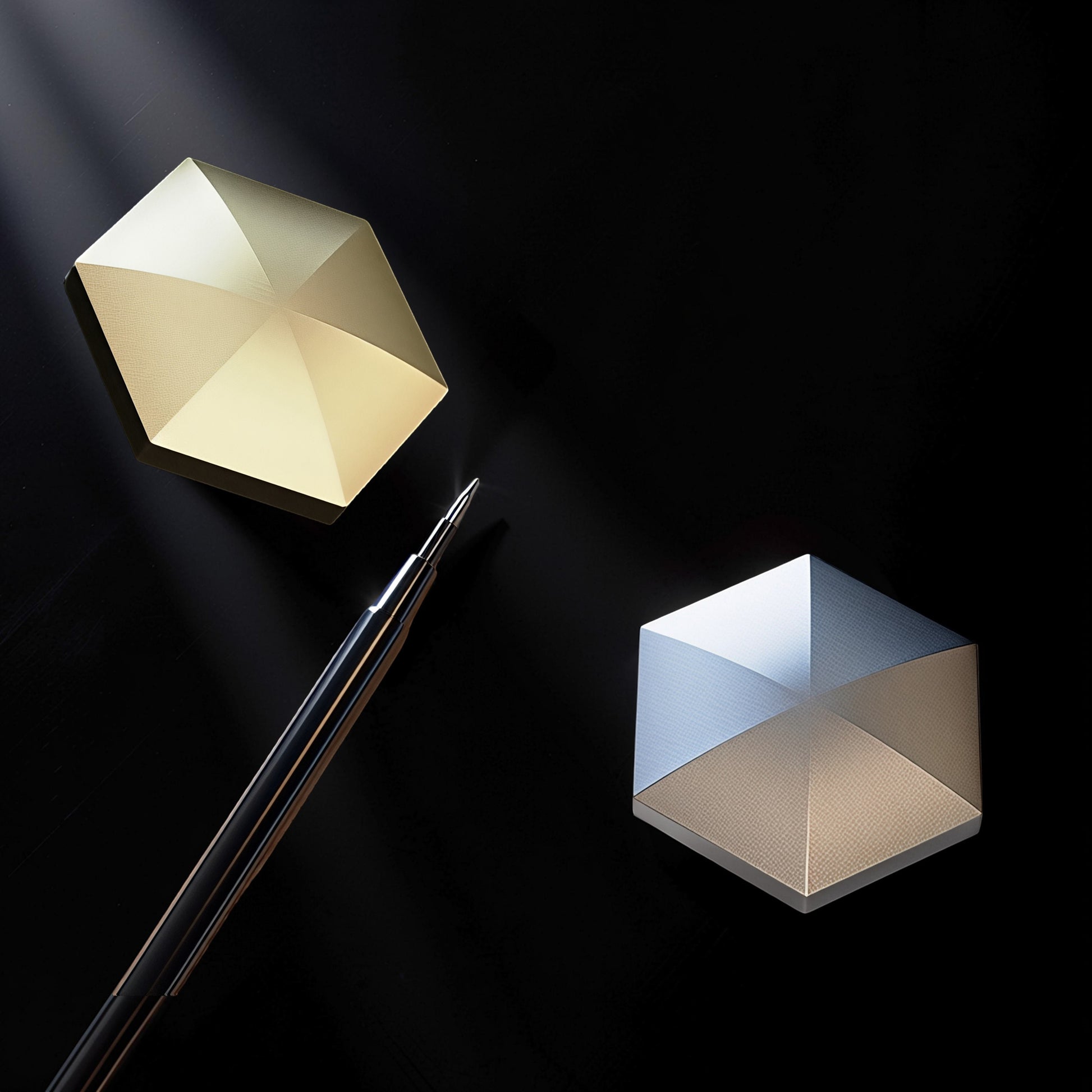 The Curious Mind Flipo Flip Hexagon kinetic desk spinner in gold and silver metal, with a sleek pen.