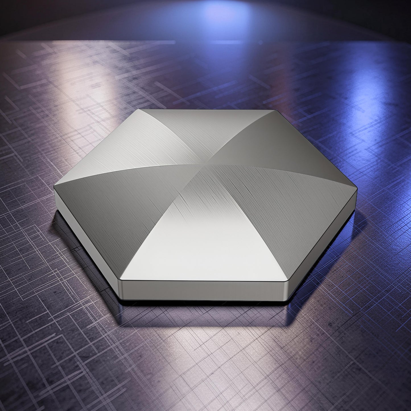 The Curious Mind Flipo Flip Hexagon Desk Spinner, a premium kinetic desk toy made of brushed metal, designed for focus and stress relief.