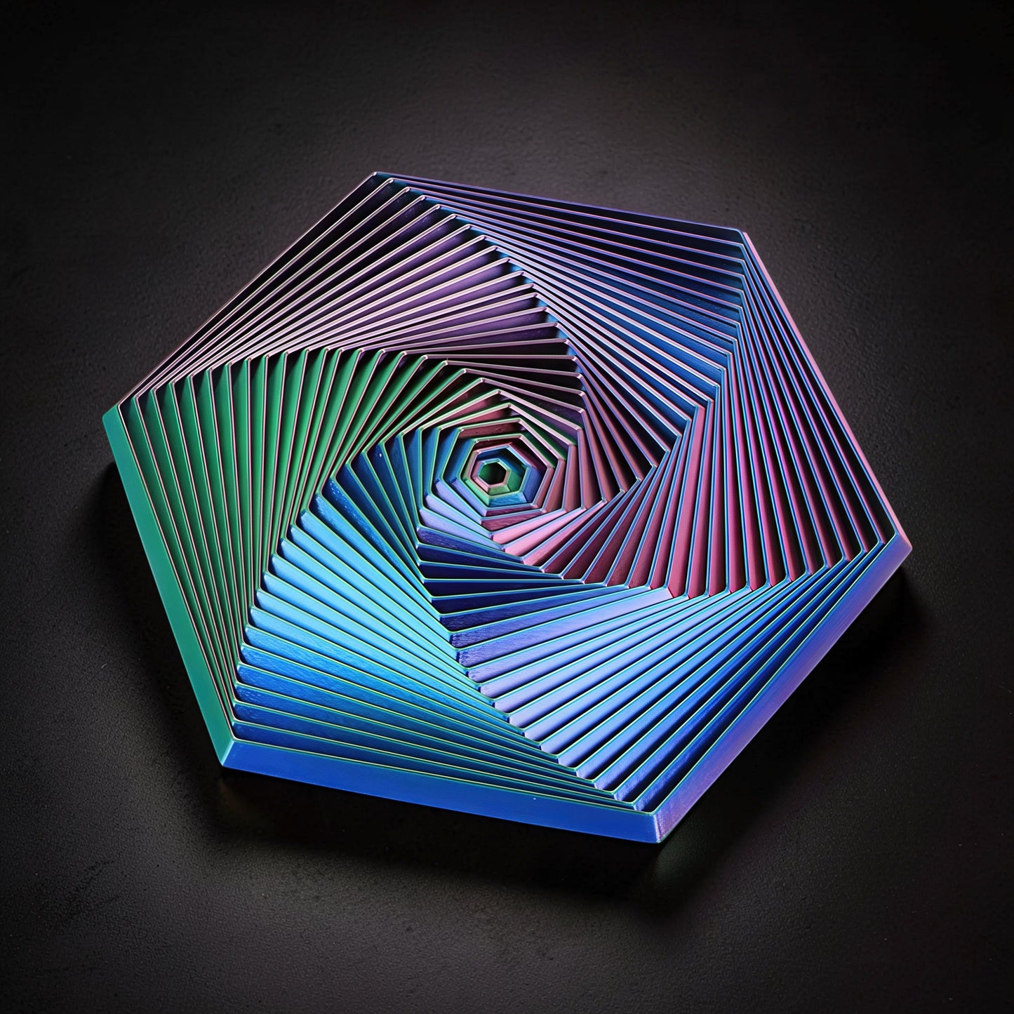 The Curious Mind Hexagon Push Fidget sensory toy with iridescent blue, green, and pink geometric spiral design.