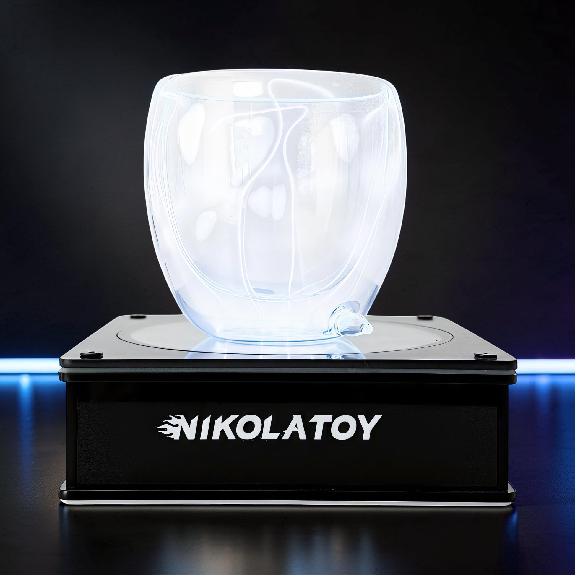 The Curious Mind Inert Gas Lightning Cup with display base, a clear glass orb with internal white electrical arcs on a black illuminated base.