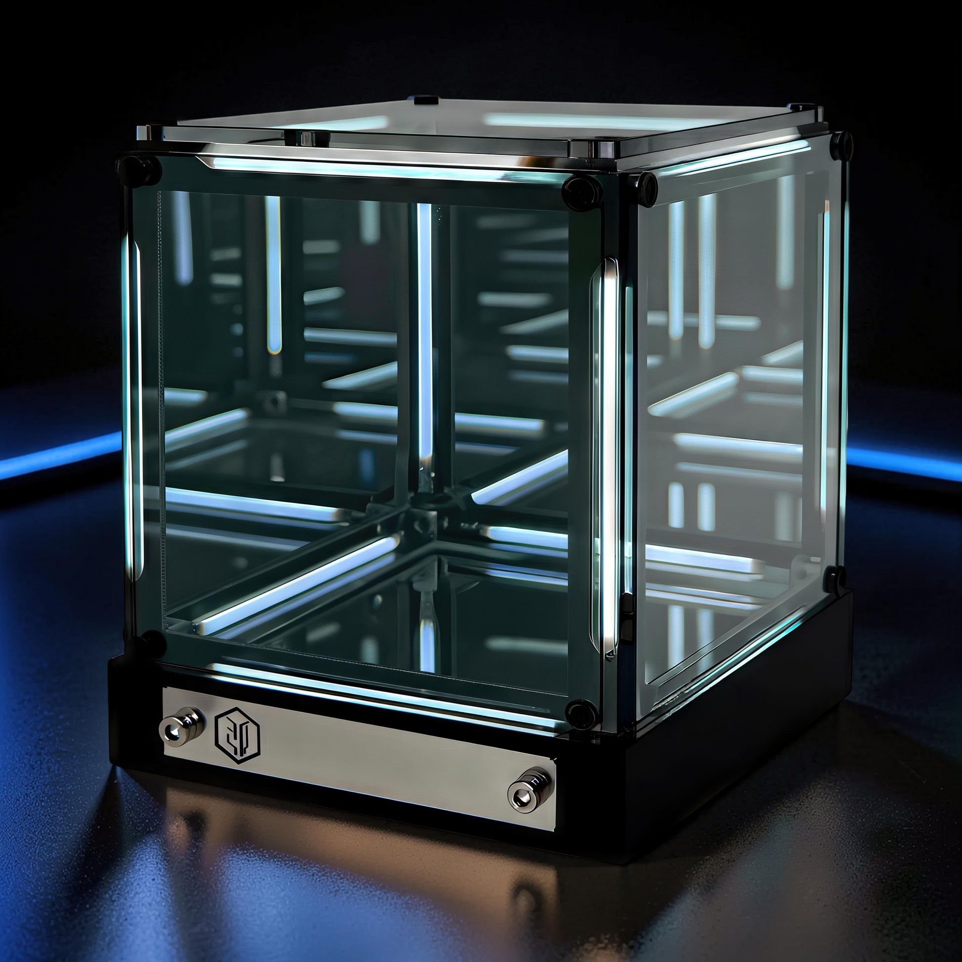 The Curious Mind 4D Infinite Space Abyss Night Light with blue LED lights and mirrored interior, acrylic and ABS construction.