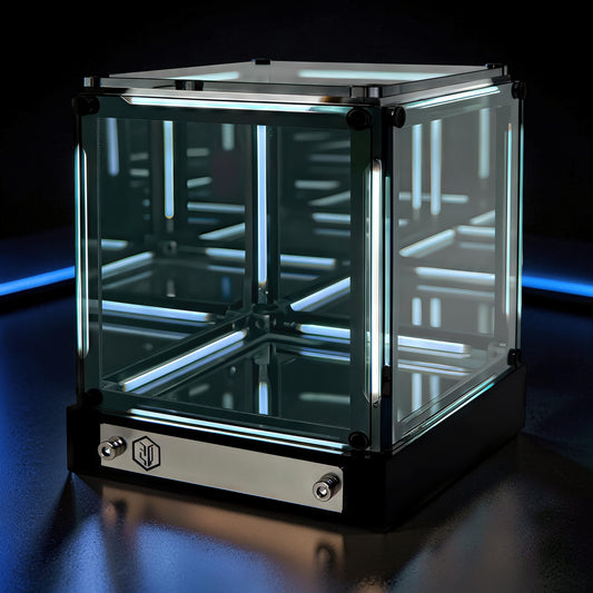 The Curious Mind 4D Infinite Space Abyss Night Light with blue LED lights and mirrored interior, acrylic and ABS construction.