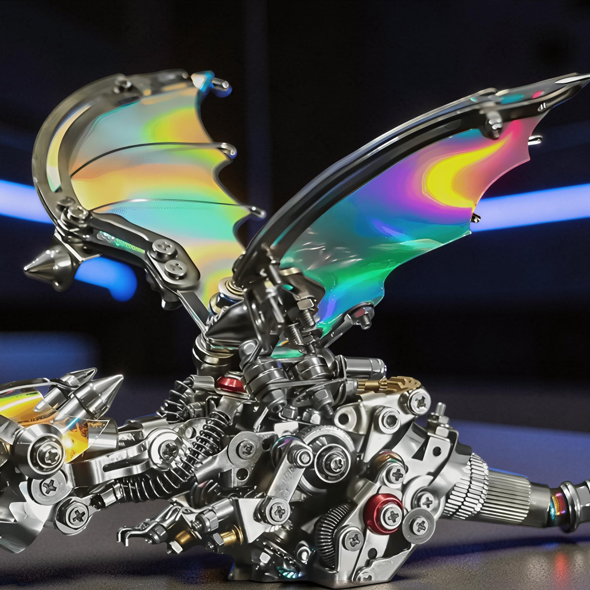 The Curious Mind Iridescent Wings Dragon 3D metal model kit with intricate mechanical details and iridescent wings.
