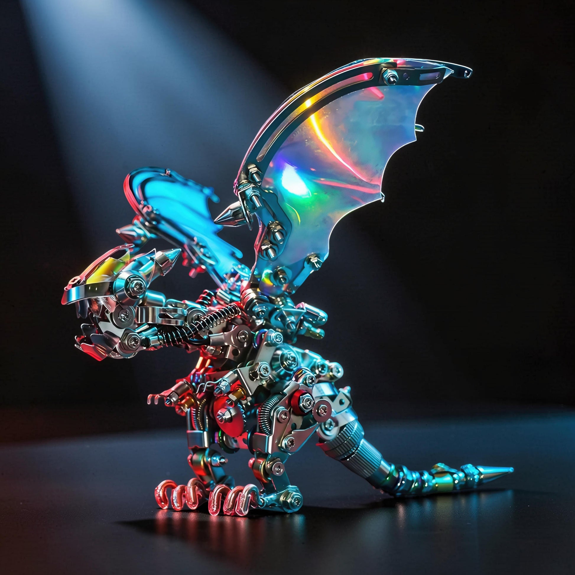 The Curious Mind Iridescent Wings Dragon 3D metal model kit with intricate mechanical details and iridescent wings.