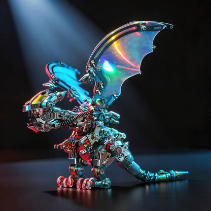 The Curious Mind Iridescent Wings Dragon 3D metal model kit with intricate mechanical details and iridescent wings.