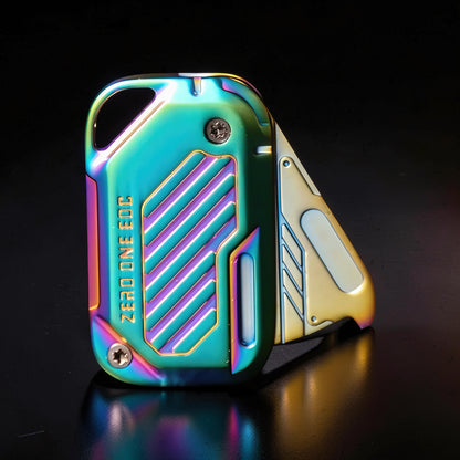 The Curious Mind Iridescent Chip Slider fidget toy with a push-and-return motion. Compact metal design with a rainbow metallic finish and grooved detailing.