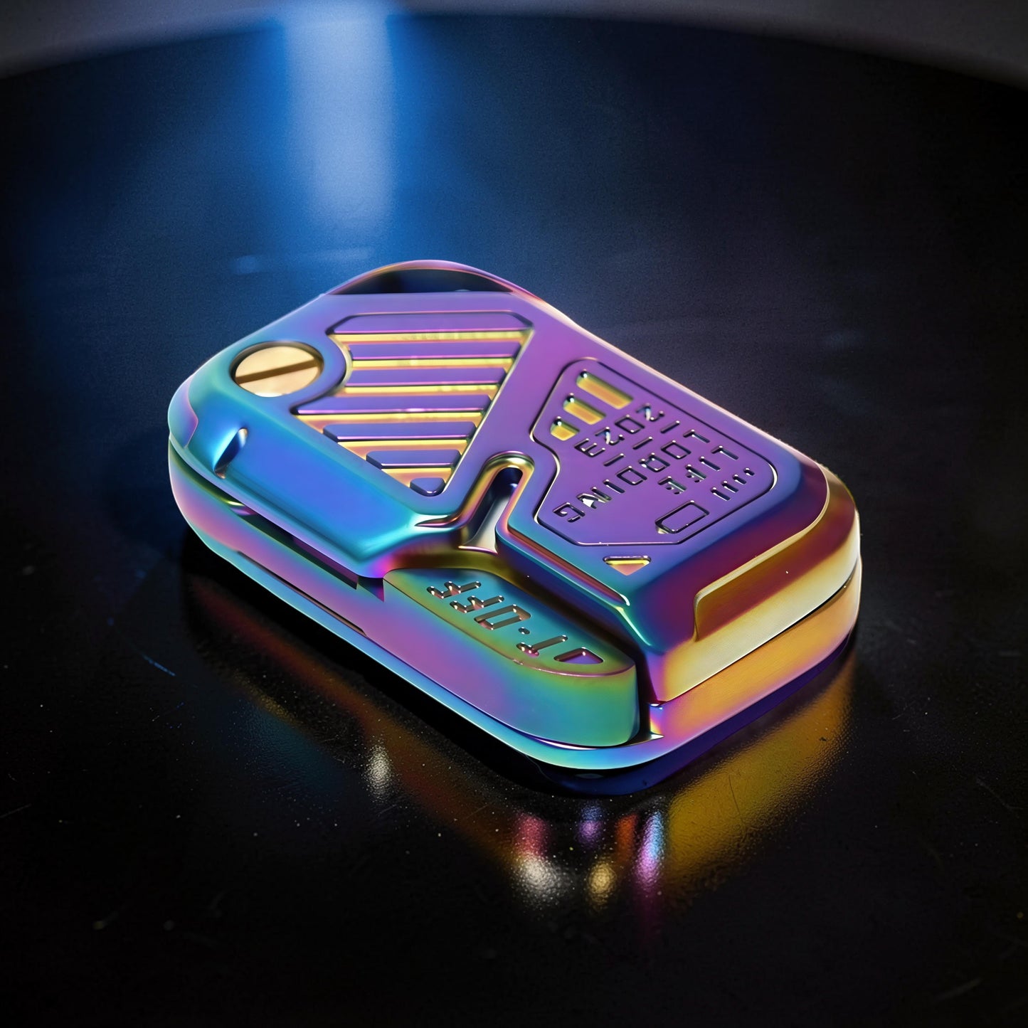 The Curious Mind Iridescent Chip Slider fidget toy with push-and-return action. Compact metal design with rainbow iridescent finish.