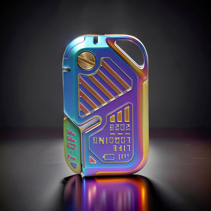 The Curious Mind Iridescent Chip Slider fidget toy with a compact metal body and push-and-return action. Features a rainbow metallic finish and textured details.