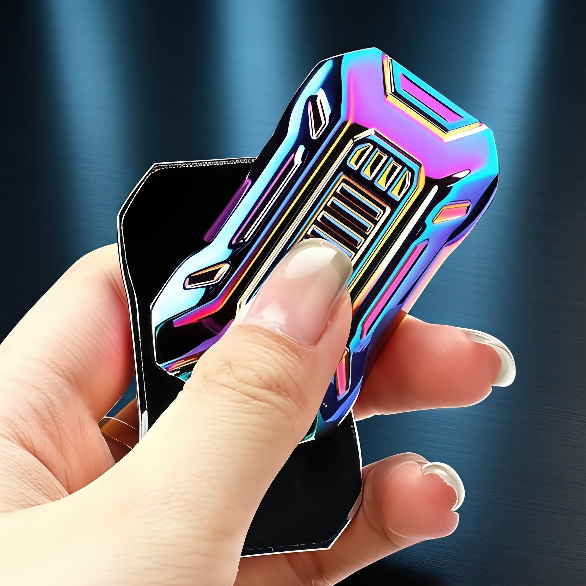 The Curious Mind Mini Sportscar Slider Fidget toy with iridescent metal finish, held in hand.