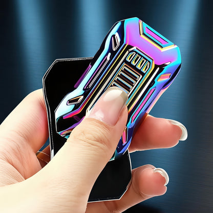 The Curious Mind Mini Sportscar Slider Fidget toy with iridescent metal finish, held in hand.