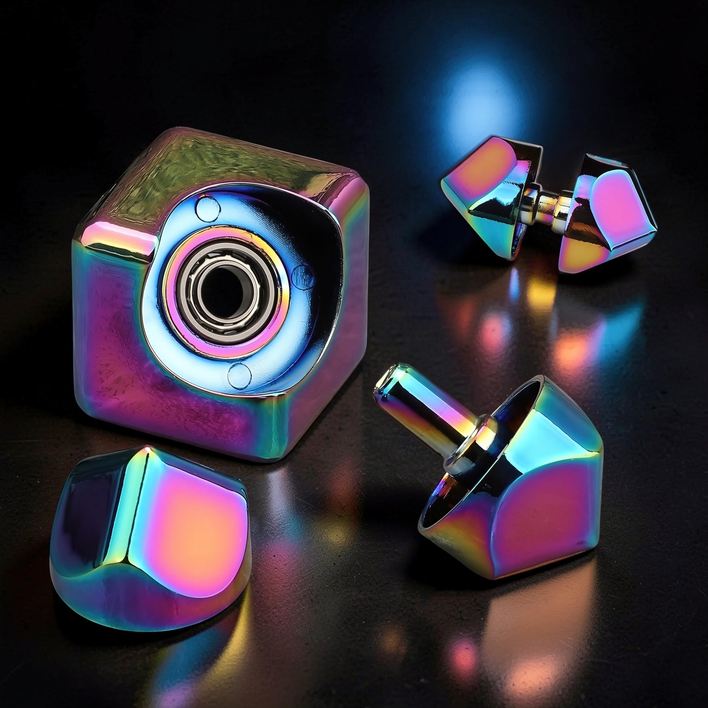 The Curious Mind iridescent metal spinner cube fidget toy with geometric design. Compact and pocket-sized.