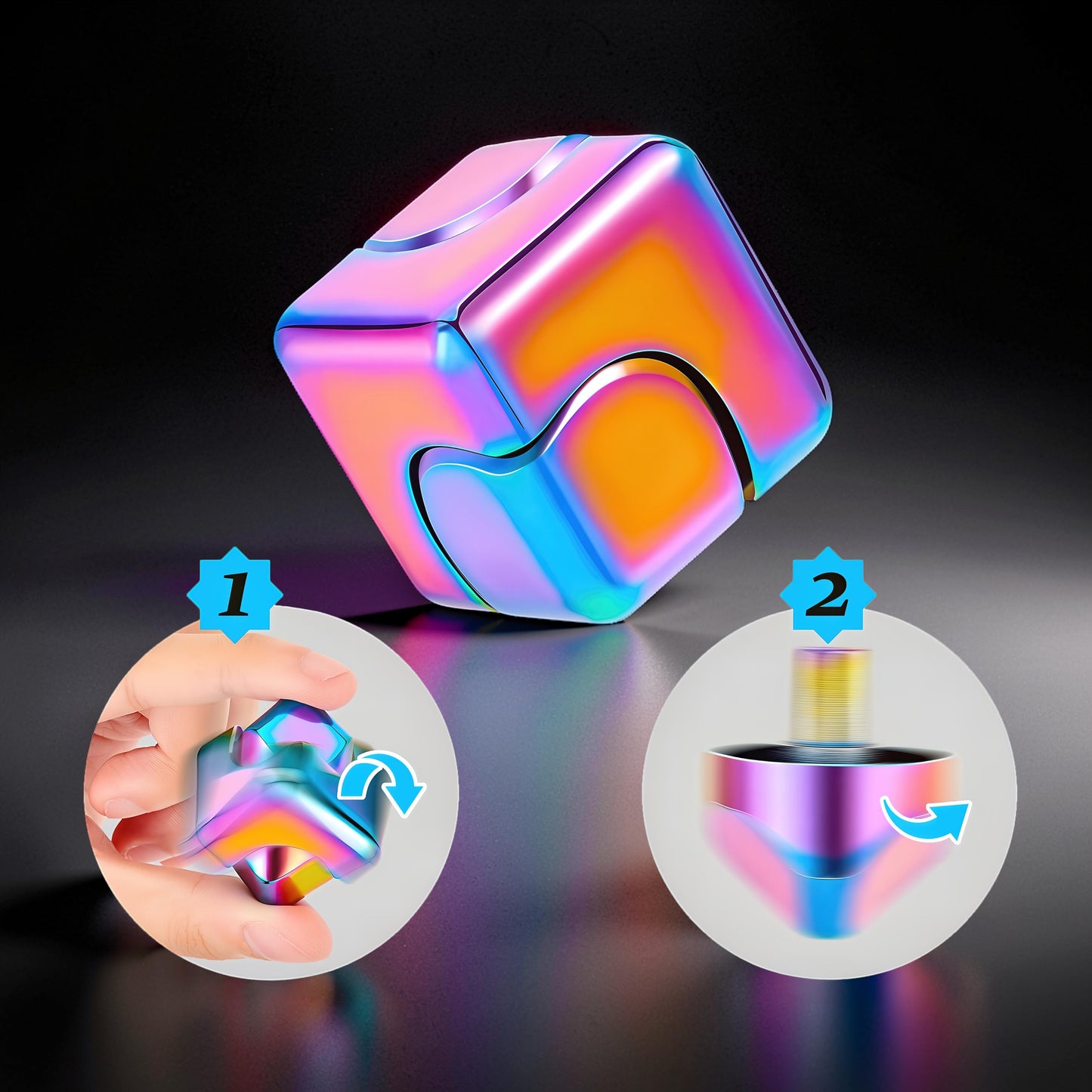 The Curious Mind Iridescent Spinner Cube fidget toy, a metallic cube with shifting pink, blue, and yellow colors, designed for desk play and stress relief.