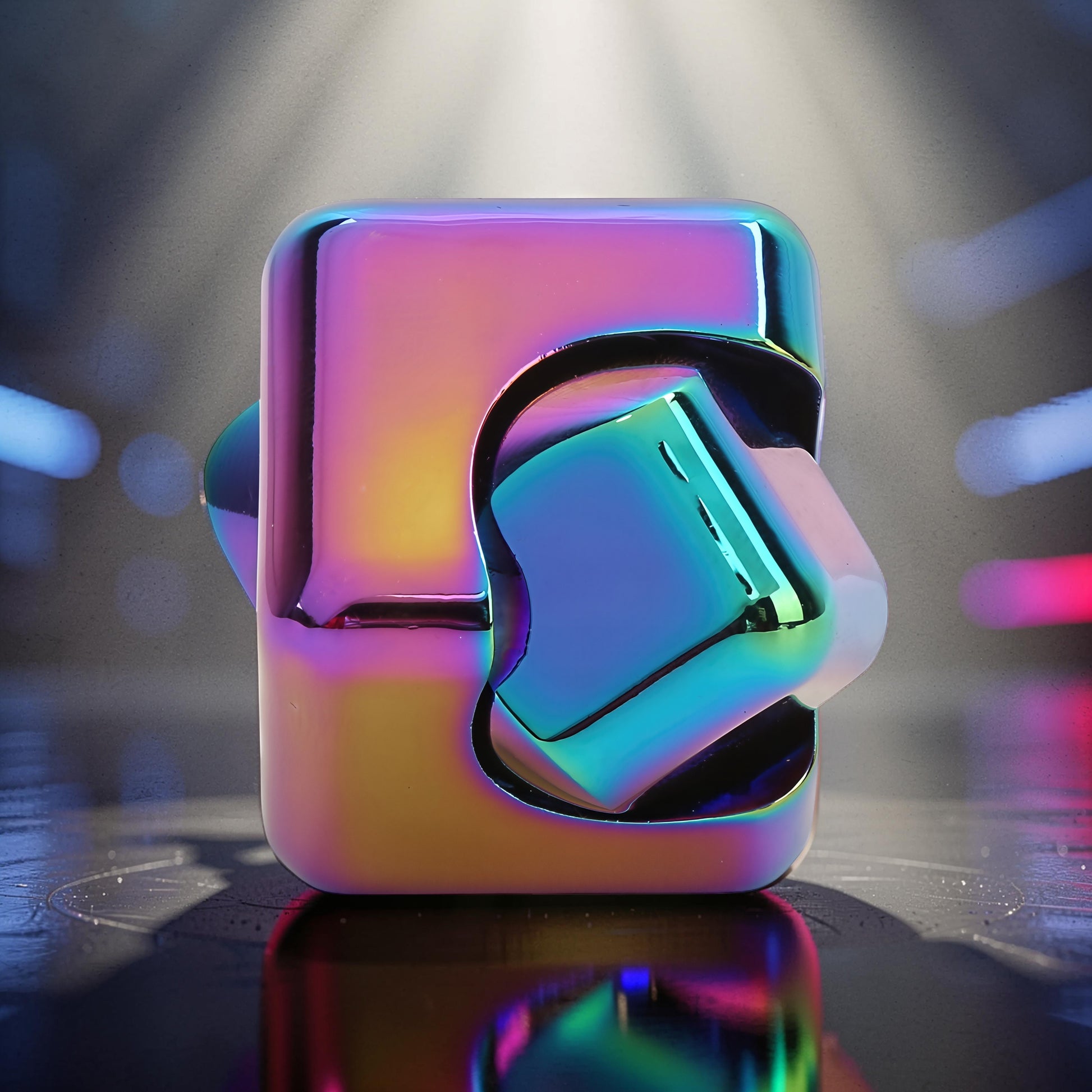 The Curious Mind Iridescent Spinner Cube, a compact metal fidget toy with a cube shape and iridescent finish, designed for desk appeal and pocket portability.