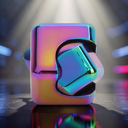 The Curious Mind Iridescent Spinner Cube, a compact metal fidget toy with a cube shape and iridescent finish, designed for desk appeal and pocket portability.