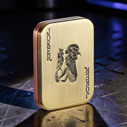 The Curious Mind Joker Poker Magnetic Slider fidget toy, brass and copper with joker card design.