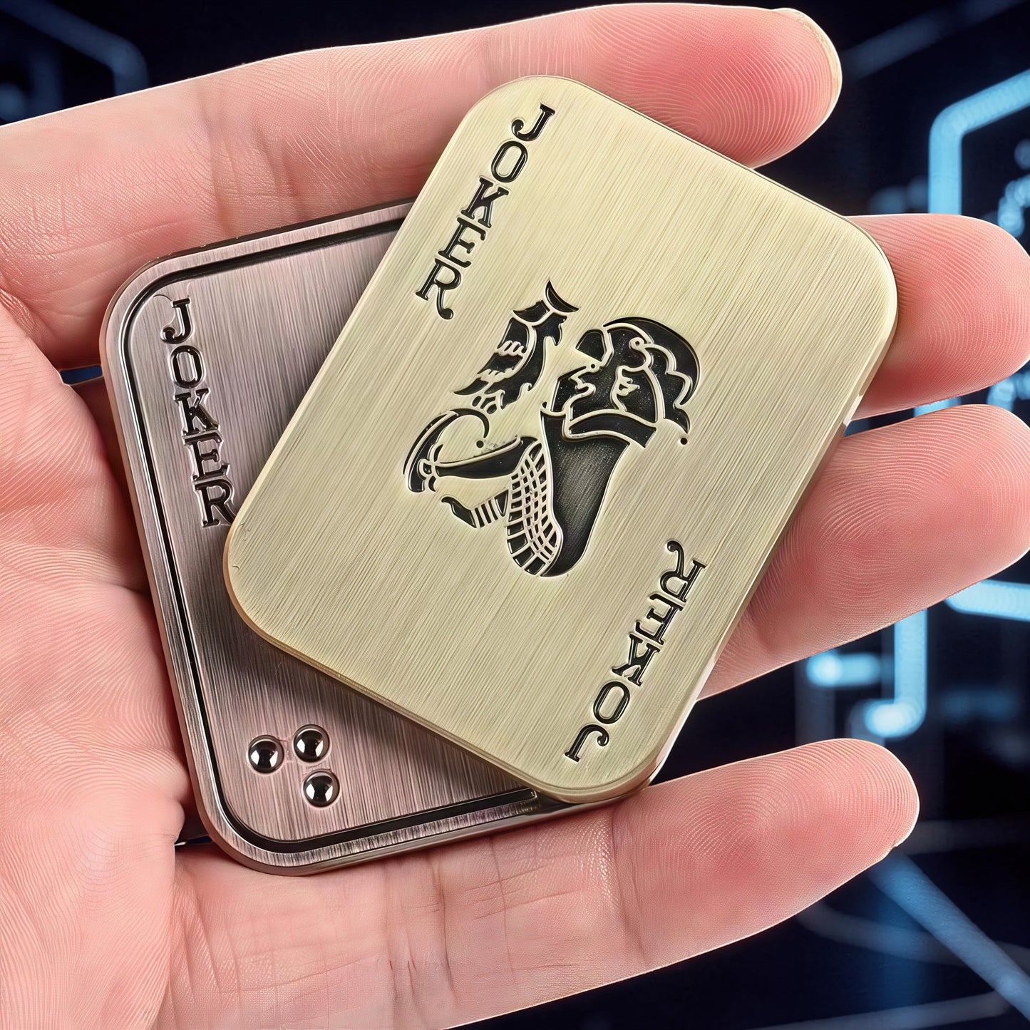 The Curious Mind Joker Poker Magnetic Slider fidget toy in gold and silver metal, shaped like a playing card with a joker design.