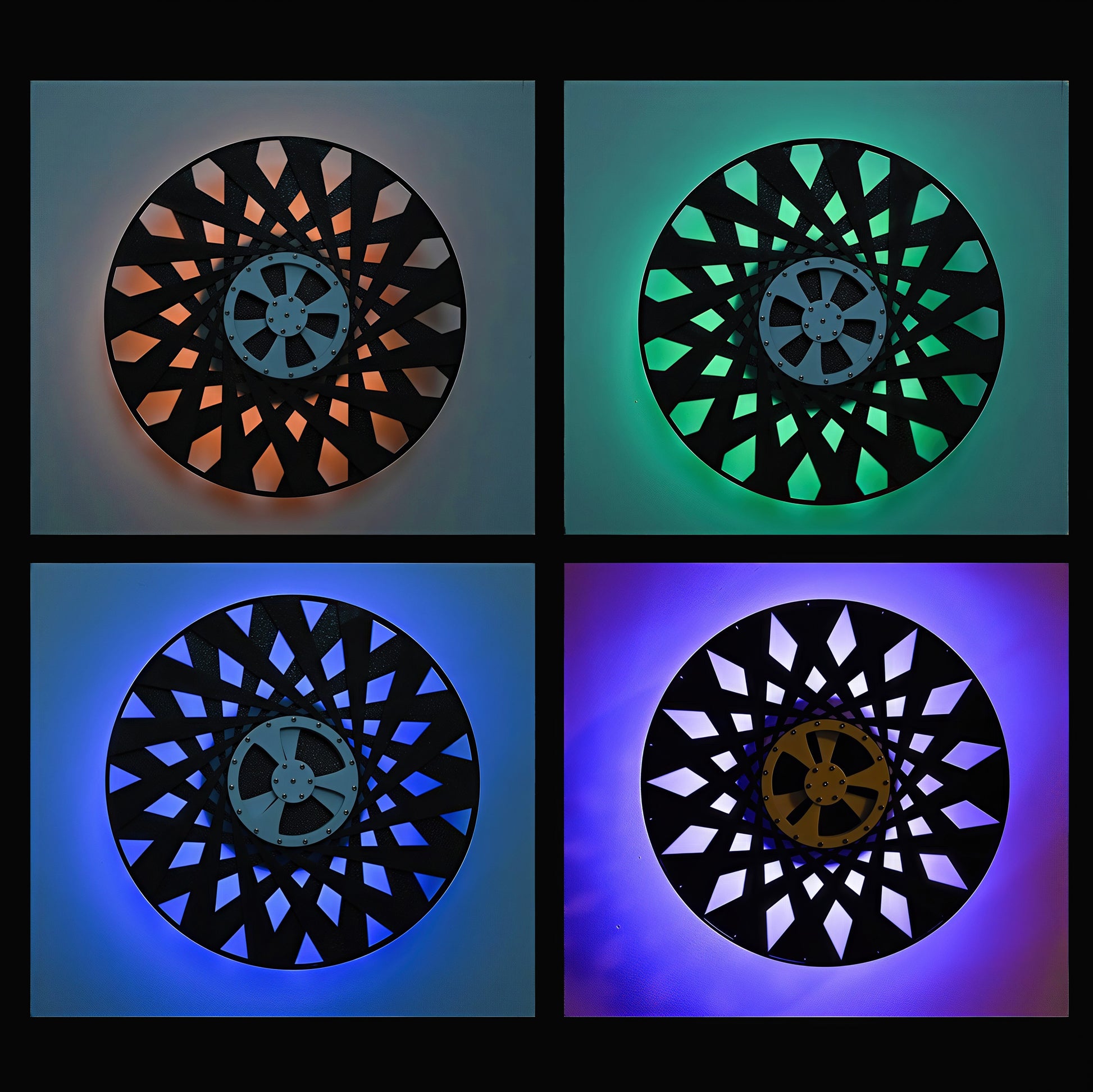 The Curious Mind Time Travel Edition desktop ornament, a black PLA kinetic sculpture with geometric cutouts illuminated by orange, green, blue, and purple lights.