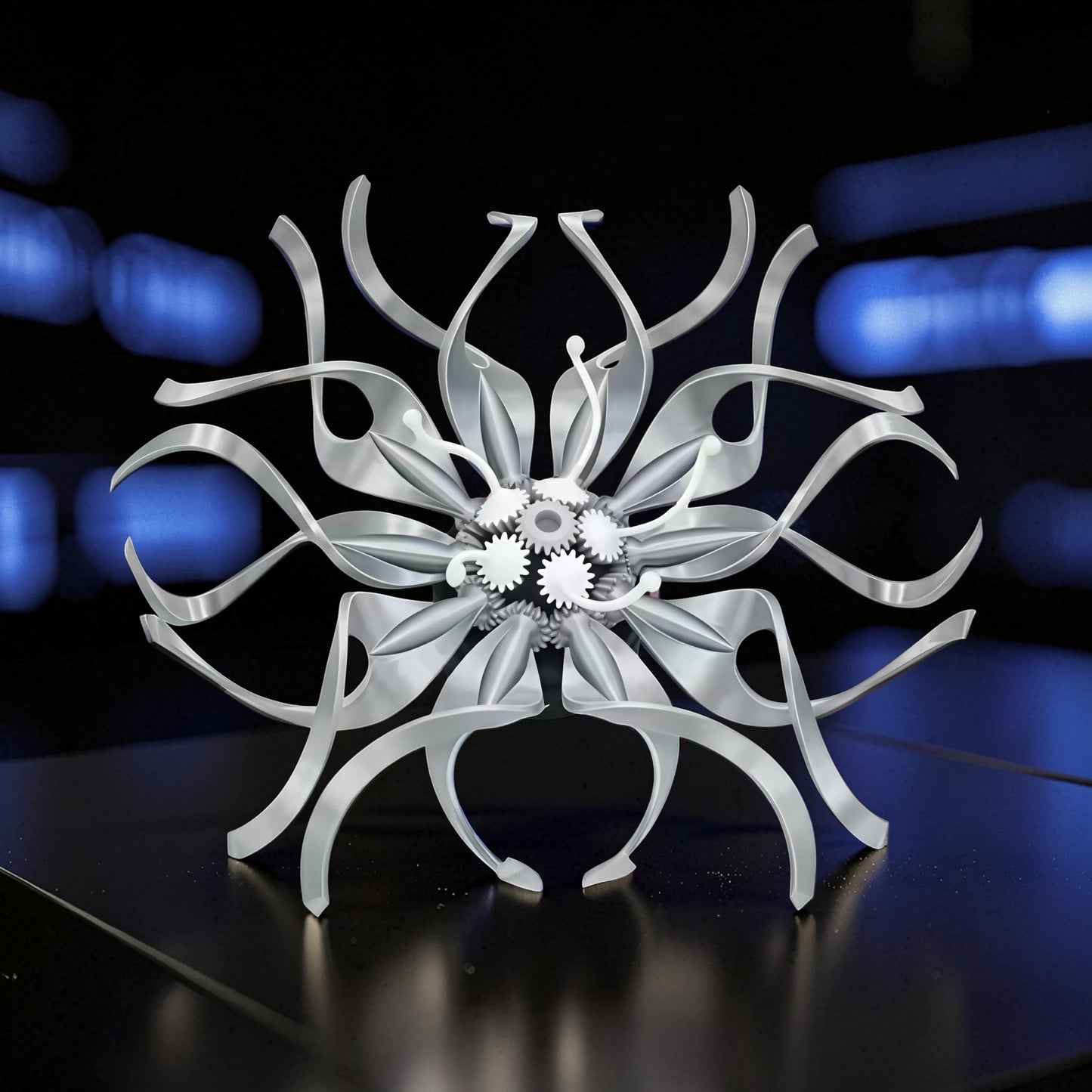 The Curious Mind Mechanical Kinetic Flowers Sculpture Gallery Edition, silver PLA, intricate gears and petals, desktop display.