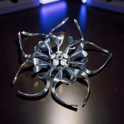 The Curious Mind Mechanical Kinetic Flowers Sculpture Gallery Edition, silver PLA with visible gears and petal-like arms.