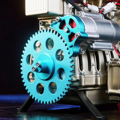 The Curious Mind L4 Four-Cylinder Engine DIY Kit, a detailed metal mechanical model with a prominent blue gear and silver engine components.