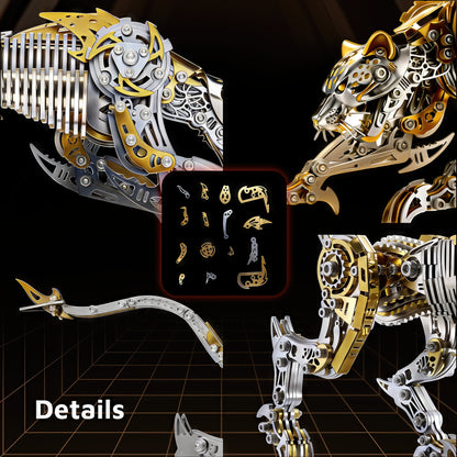 The Curious Mind Leopard 3D metal model kit with intricate gold and silver metallic pieces, showcasing detailed mechanical parts and a steampunk aesthetic.