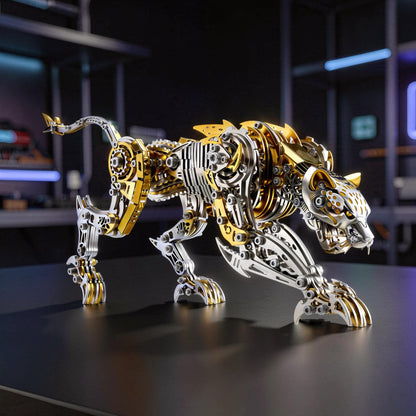 The Curious Mind Leopard 3D metal model kit, a detailed mechanical sculpture in silver and gold with intricate gears and joints.