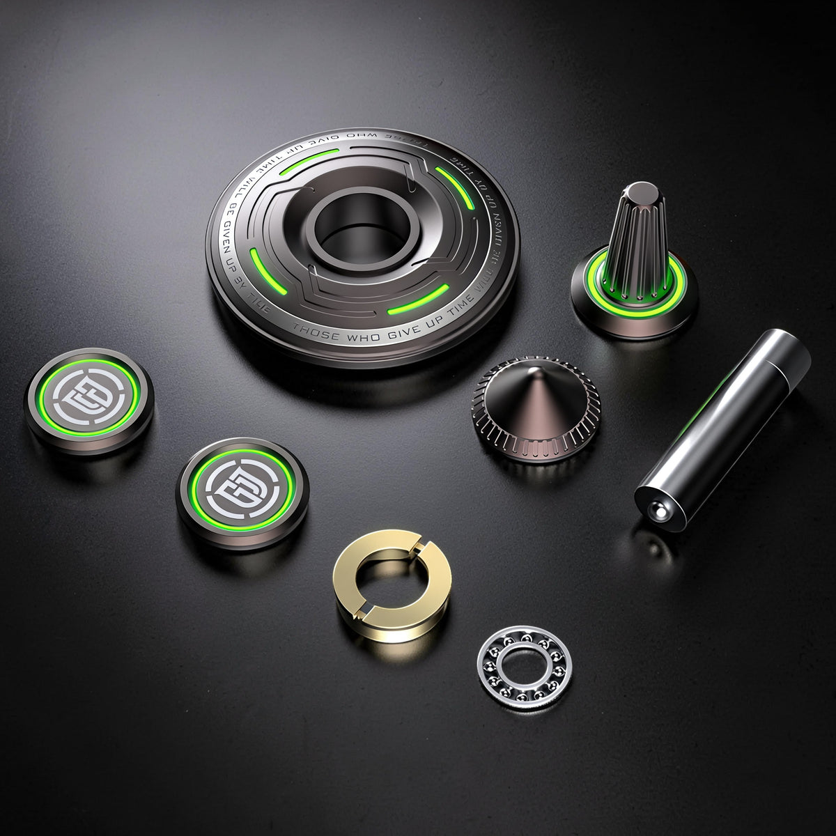 The Curious Mind Long Glow Bar Spinner, a premium metal fidget toy with green glowing accents and intricate detailing.
