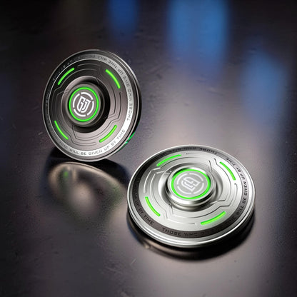 The Curious Mind Long Glow Bar Spinner, a premium metal EDC fidget toy with green glowing accents and engraved text.