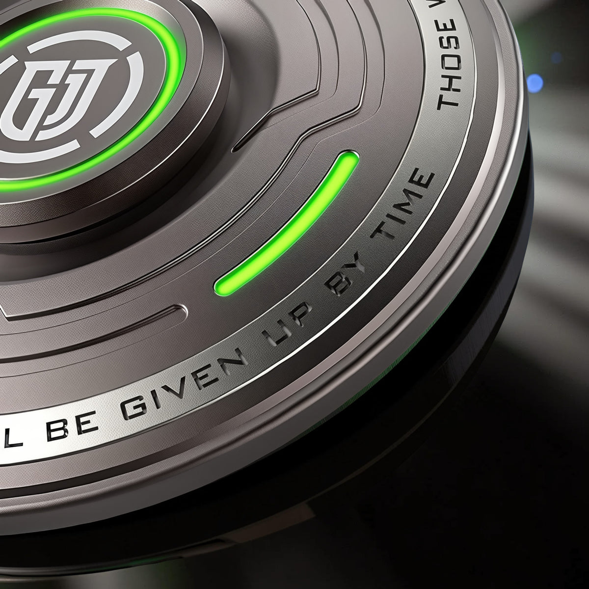 The Curious Mind Long Glow Bar Spinner EDC metal fidget toy with green glowing accents and engraved text.
