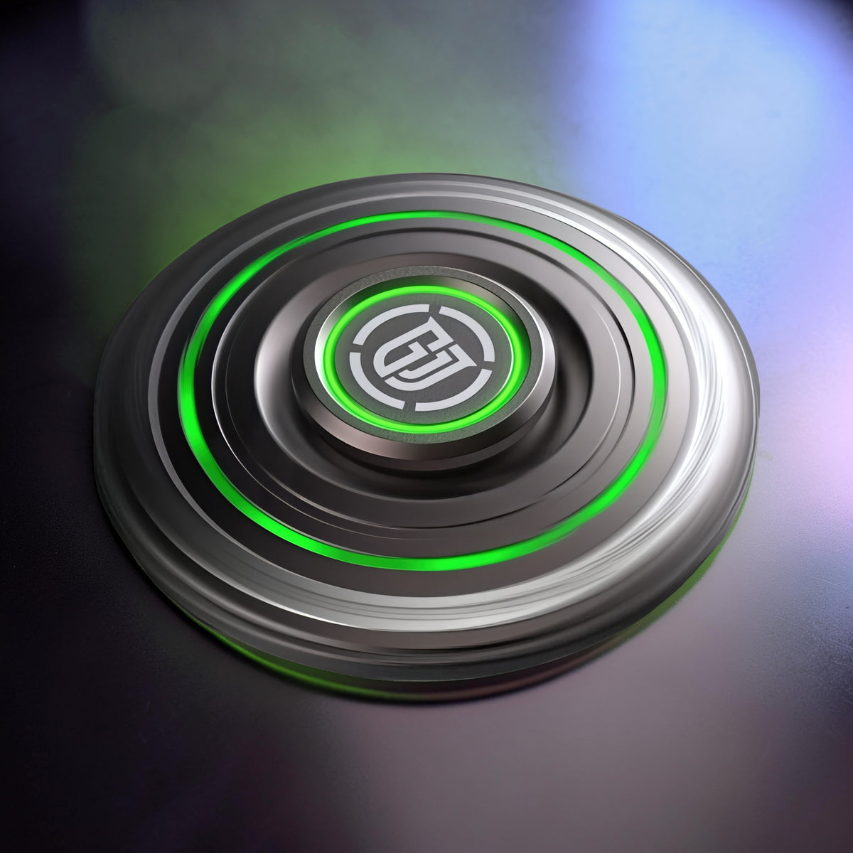 The Curious Mind Long Glow Bar Spinner, a premium metal EDC fidget toy with green glowing accents and a central logo.