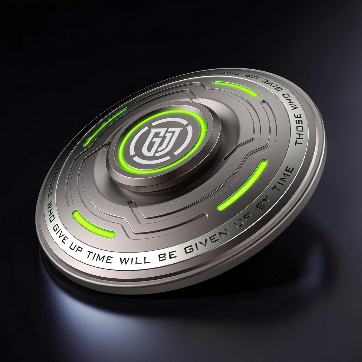 The Curious Mind Long Glow Bar Spinner, a premium metal fidget spinner with green glowing accents and engraved text.